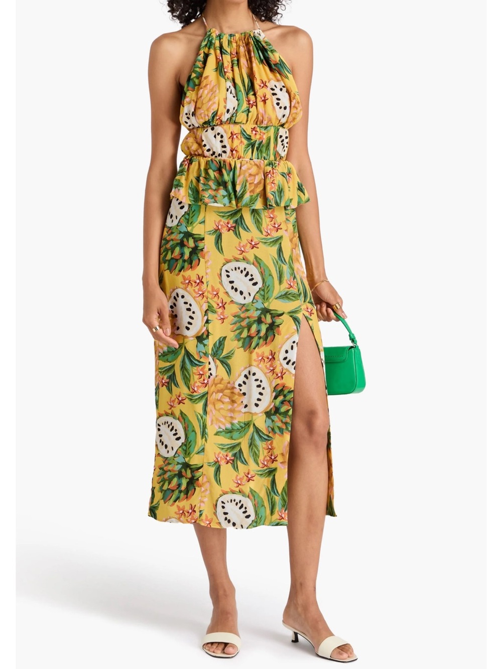 FARM Rio Yellow Tropical Halter Midi Dress with Green Leaf Print